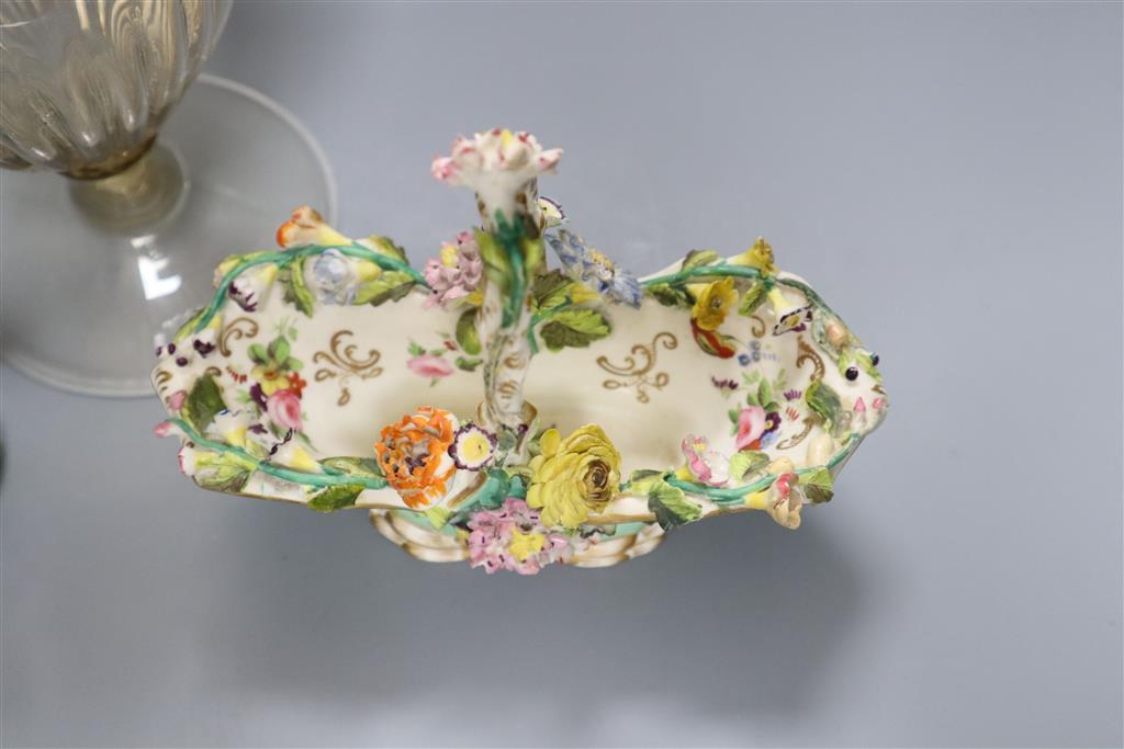 A Coalbrookdale floral encrusted basket, a Bow porcelain putto and a Venetian two handled glass vase, 28.5cm (3)